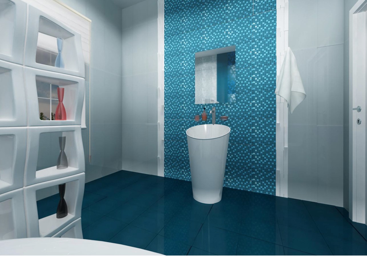  DividerOnLuxuryDarkBlueBathroomFloorTileForFreestandingSink