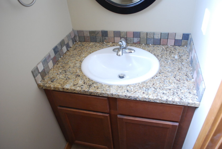 glass mosaic tiles bathroom backsplash pedestal sinks