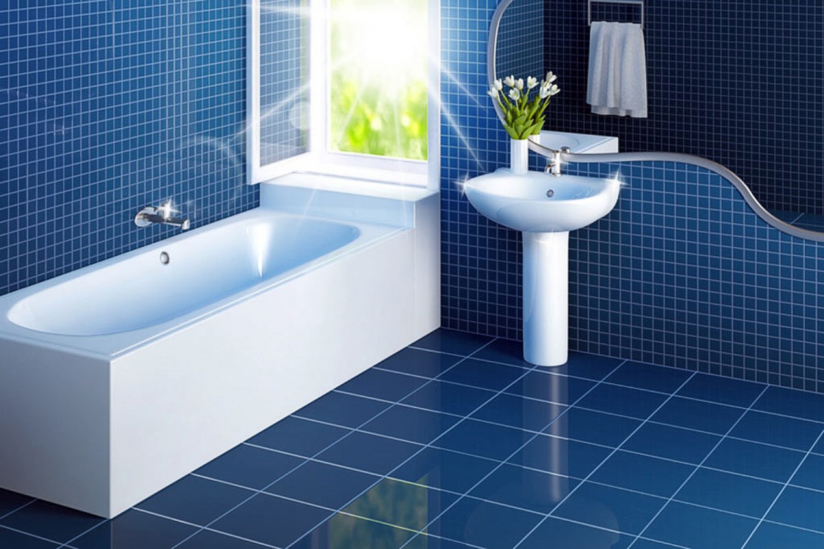 White-Bathroom-Interiors-On-Blue-Ceramic-Floor-And-Wall-Tile-Plus-Fresh-Flower-And-Window-Design