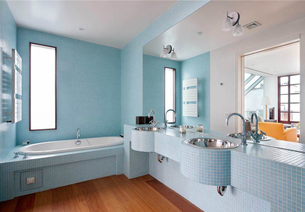 splendid-fashionable-blue-bathroom-paint-color-with-light-blue-small-tile-for-bathroom-wall-and-double-vanity-also-wood-board-flooring-idea