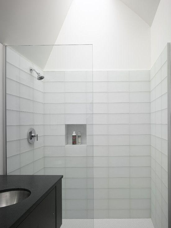 Bright Modern Bathroom White Tile Shower Backsplash Randall Street Residence
