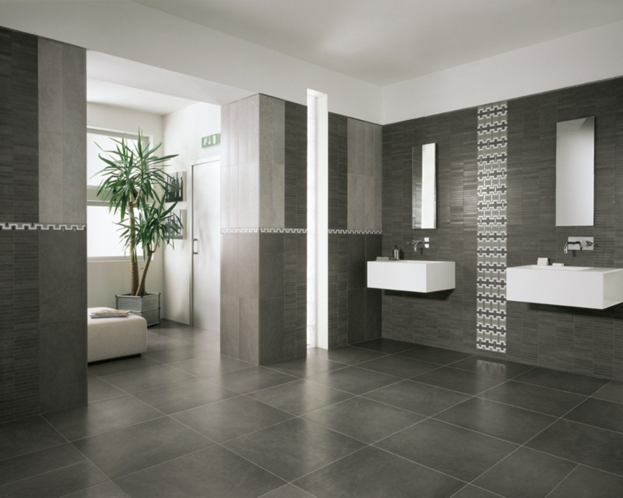 Grey-Bathroom-Floor-Tiles-with-Two-Wall-Sinks-and-Mirror