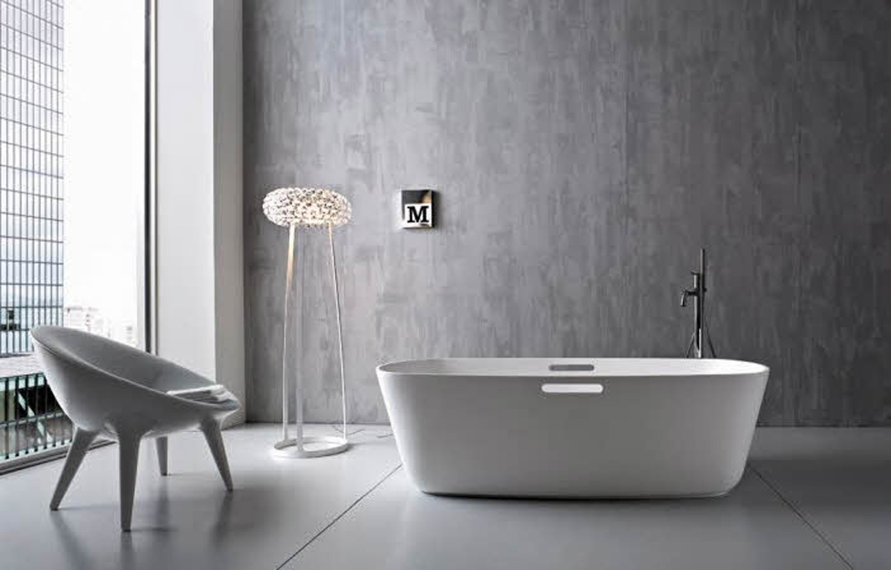 Minimalist-Modern-Bathroom-Interior-Idea-with-White-Freestanding-Bathtub-and-Tub-Filler-and-Gray-Wall-Paint-Color-and-Floor-Tile-also-Unique-Floor-Lamp-and-Round-Shaped-Chair