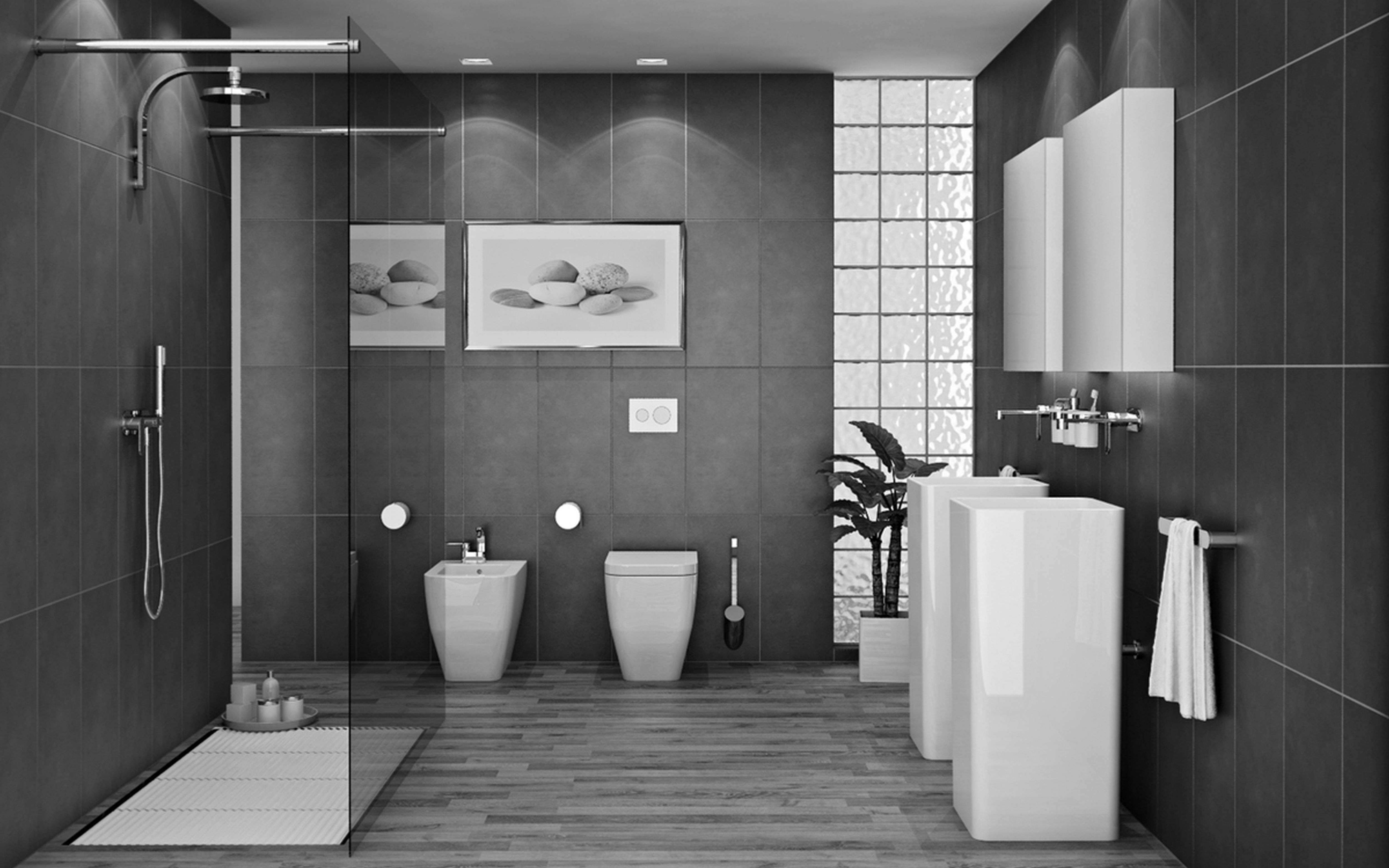 bathroom-glass-shower-stalls-and-double-white-wash-stand-on-the-floor-and-grey-wall-theme-bathroom-decorating-ideas-black-and-white-make-your-bathroom-look-contemporary