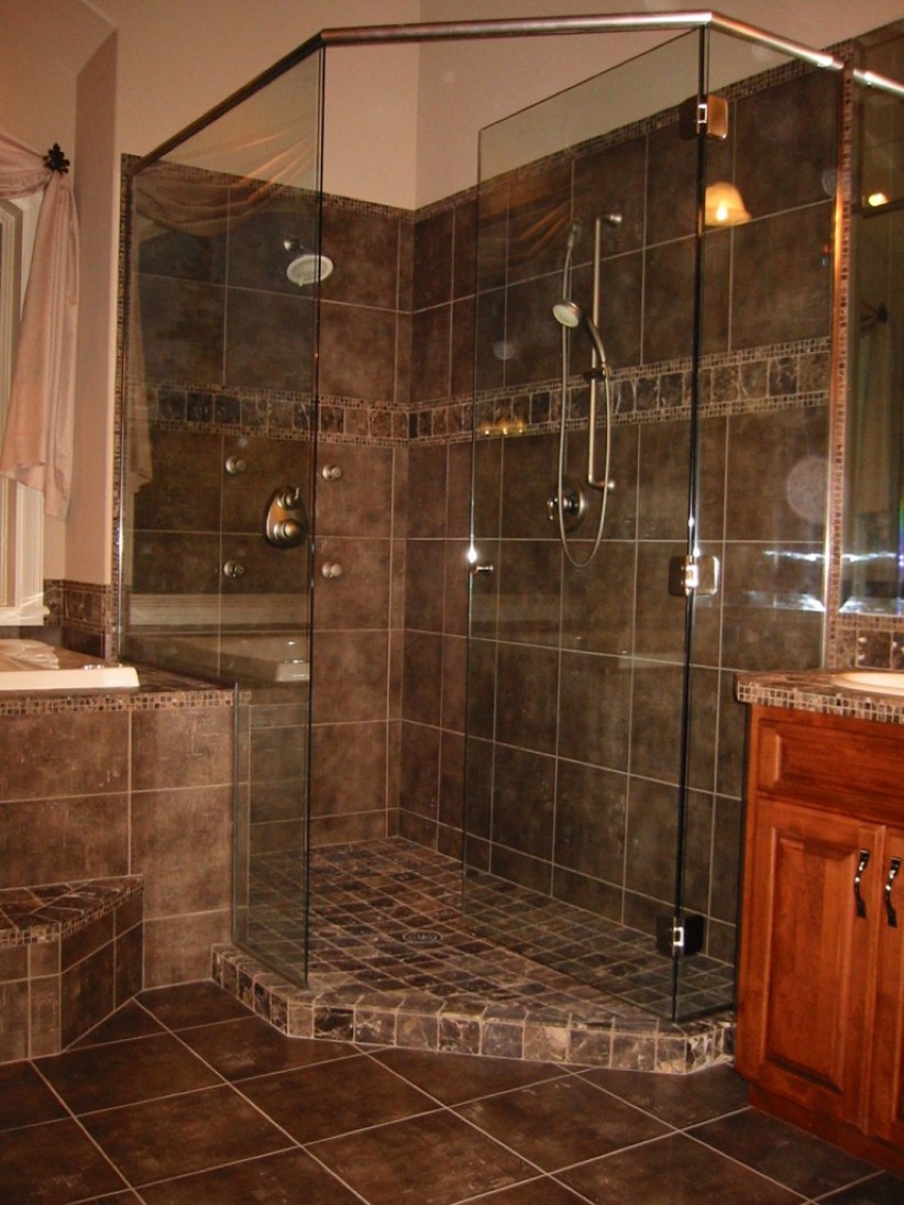 elegant-wood-bathroom-vanity-cabinets-design-plus-glass-interior-door-feat-awesome-dark-shower-tile-idea