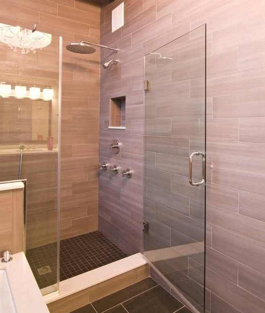 modern-bathroom-with-Hanging-Rainfall-Shower-Heads-and-glass-shower-stalls-also-natural-tile-siding-wall-design-ideas