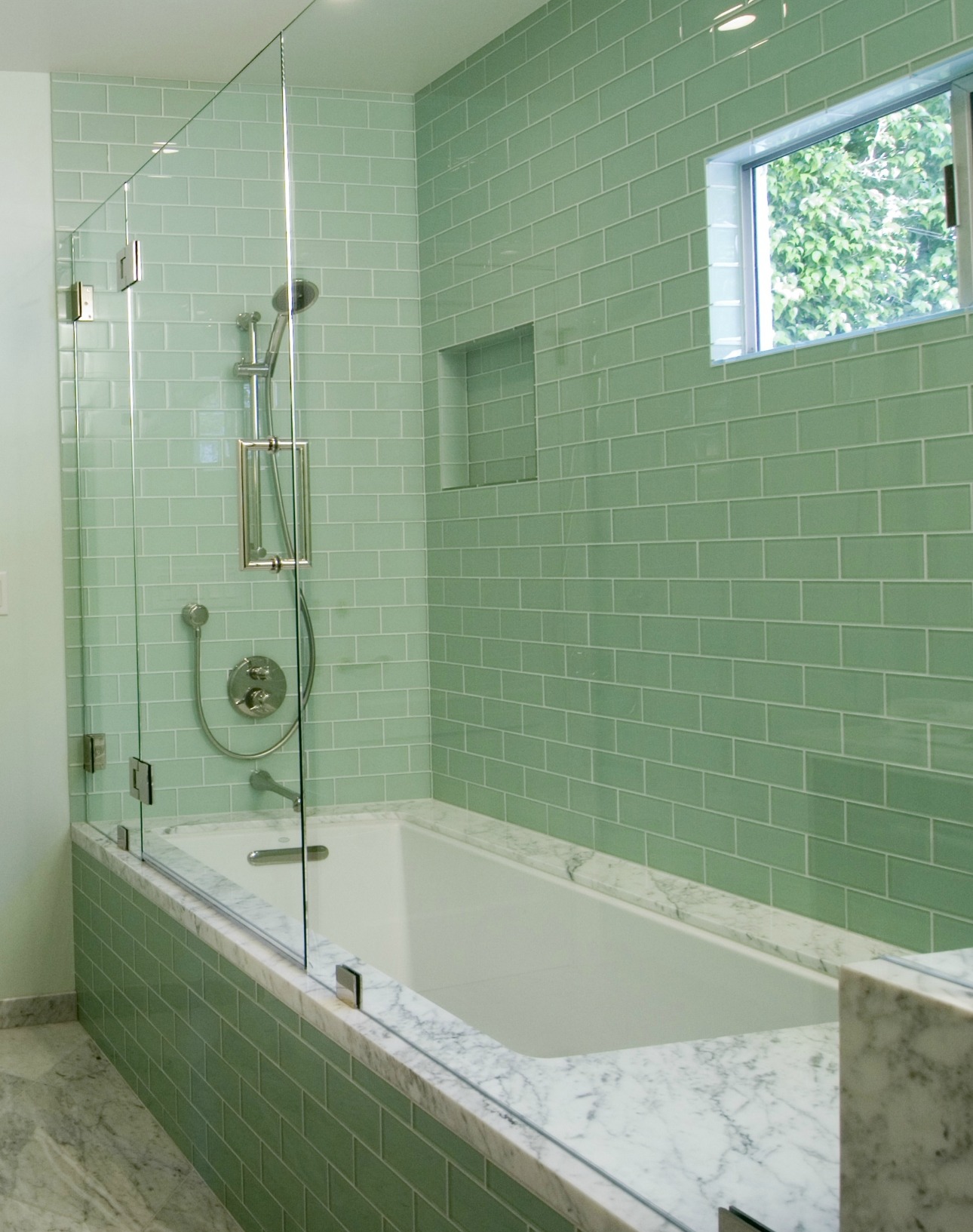 tiles-kitchen-bathroom-inspiration-modern-green-glass-subway-tile-for-bathroom-wall-panels-also-chic-stainless-head-shower-at-white-unique-bathtubs-also-cool-chrome-mixer-taps-design-neat-glass-subwa