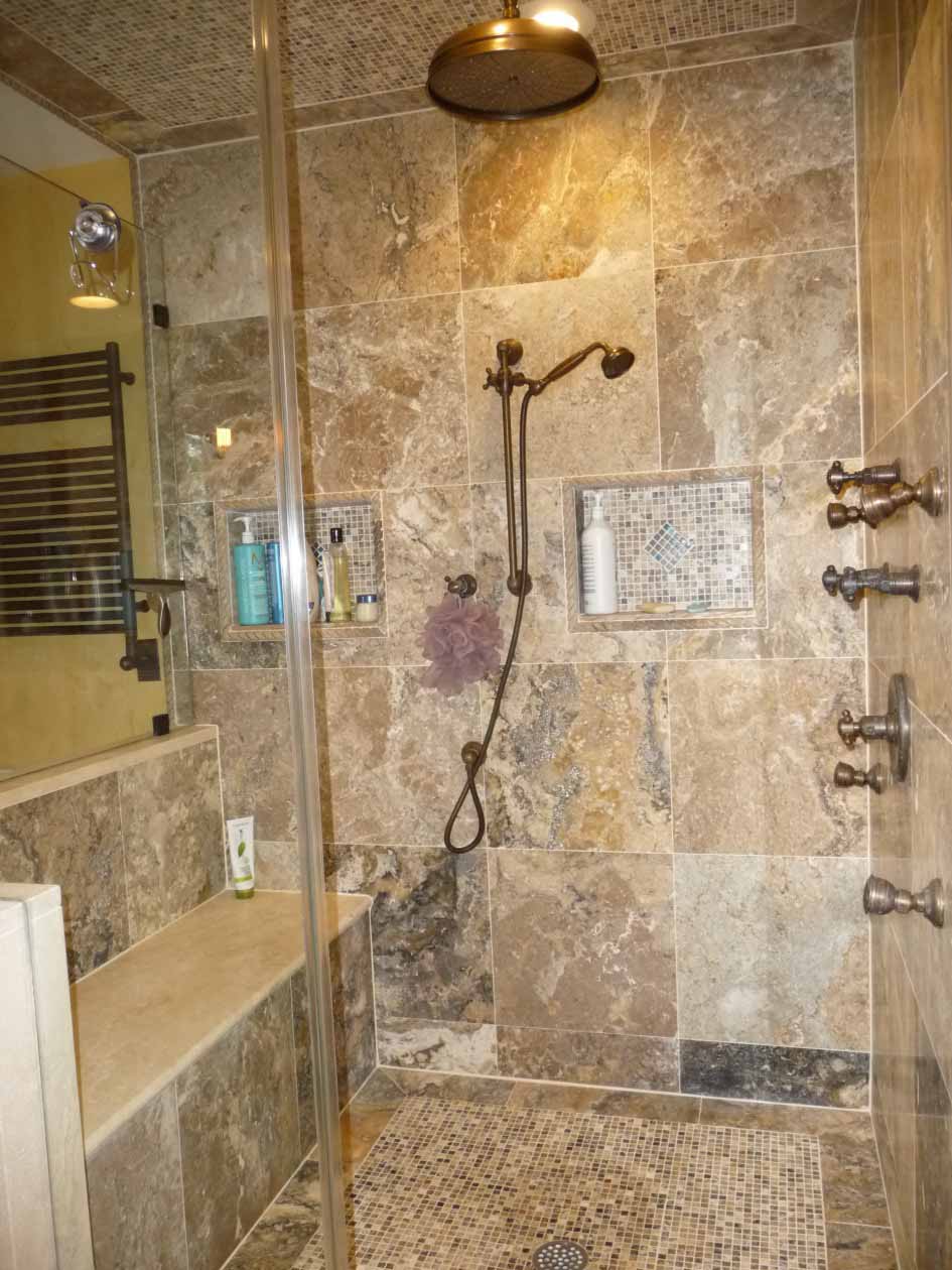 Likable-Interior-Bathroom-Design-With-Rustic-Vintage-Tile-Patterns-And-Patterned-Shower-Walls-And-Glass-Shower-Ideas-Image