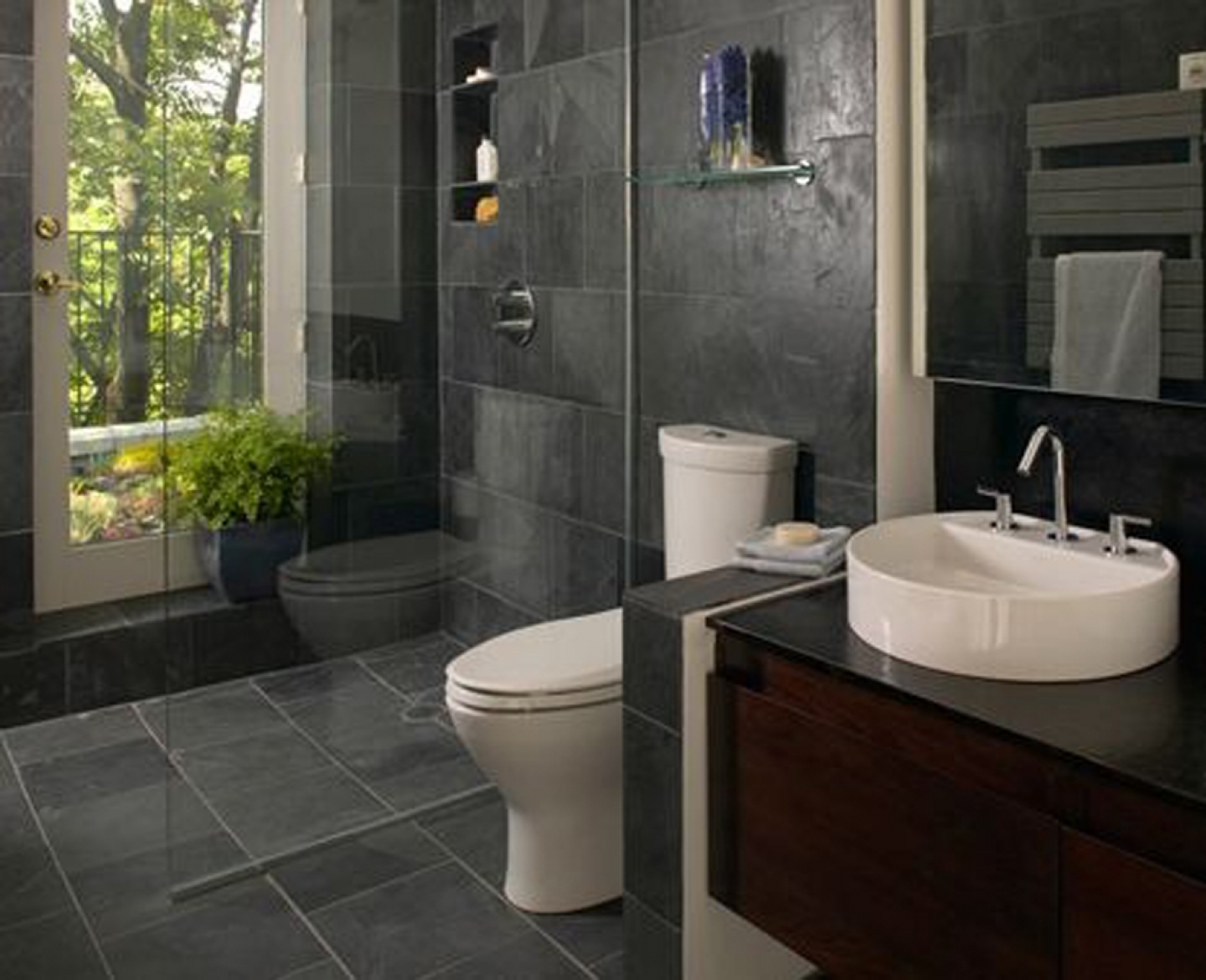 Simple-Stunning-Redecorating-Bathroom-Decoration-Dark-Grey-Ceramic-Wall-Floor-Glass-Divider-With-Cozy-And-Cool-Grey-Bathroom-Design-Ideas