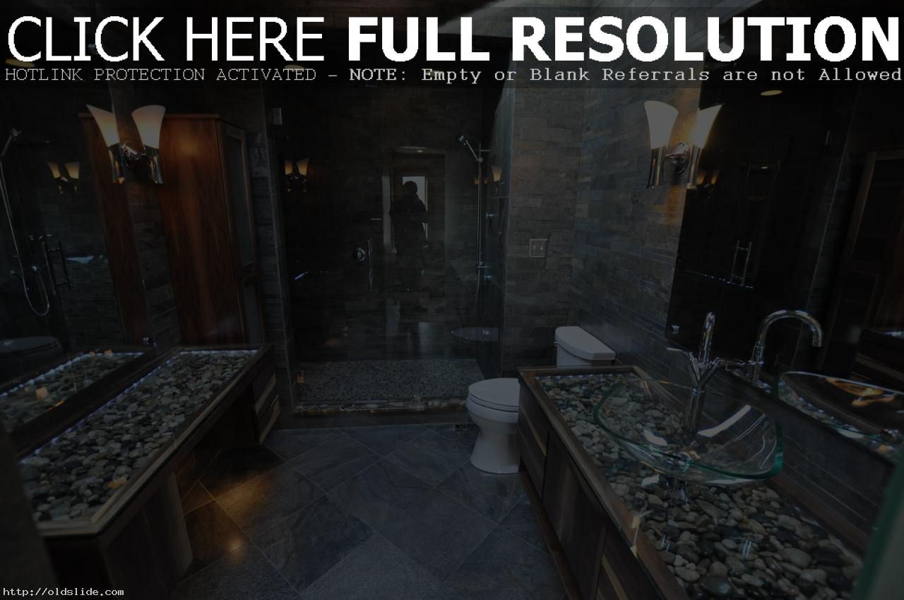 Stunning-vessel-sinks-bathroom-ideas-with-circular-river-stone-vanity-and-bathroom-slate-walls-and-floors