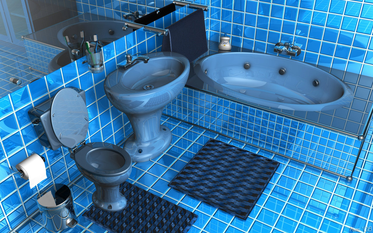 admirable-glossy-blue-square-tile-bathroom-ideas-also-shiny-ceramic-bathtub-toilet-and-pedestal-sink