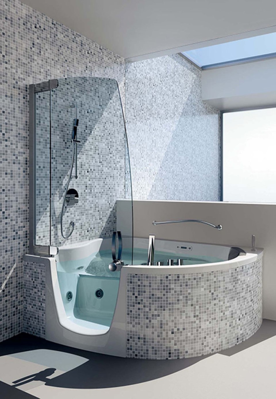 amazing-mosaic-backsplash-tile-and-large-skylights-design-above-ultra-modern-corner-shower-bathroom-shower-ideas