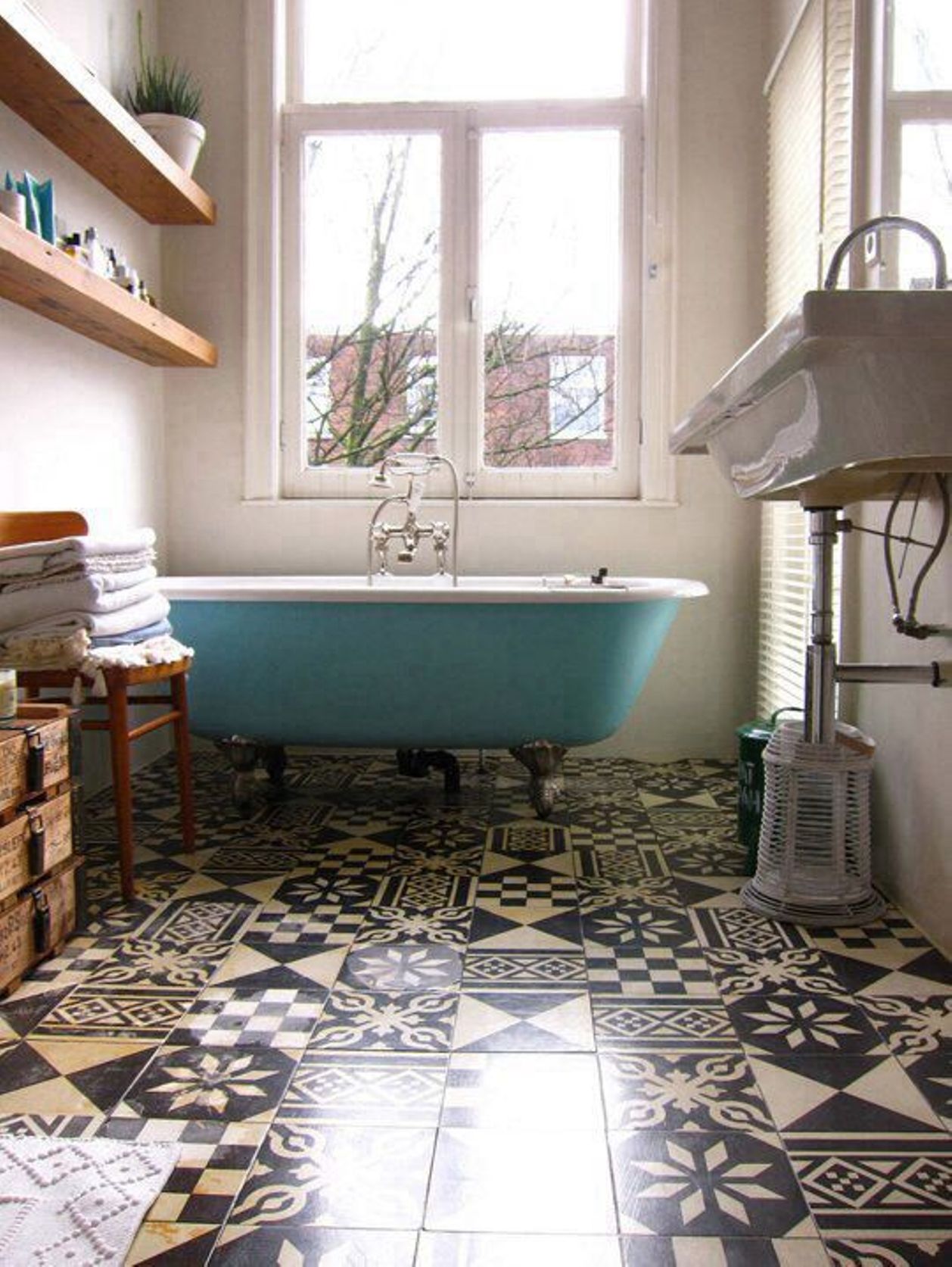 bathroom-beautiful-bathroom-design-ideas-for-small-space-with-blue-tub-and-woode-shelves-vintage-bathroom-tile-patterns-ideas