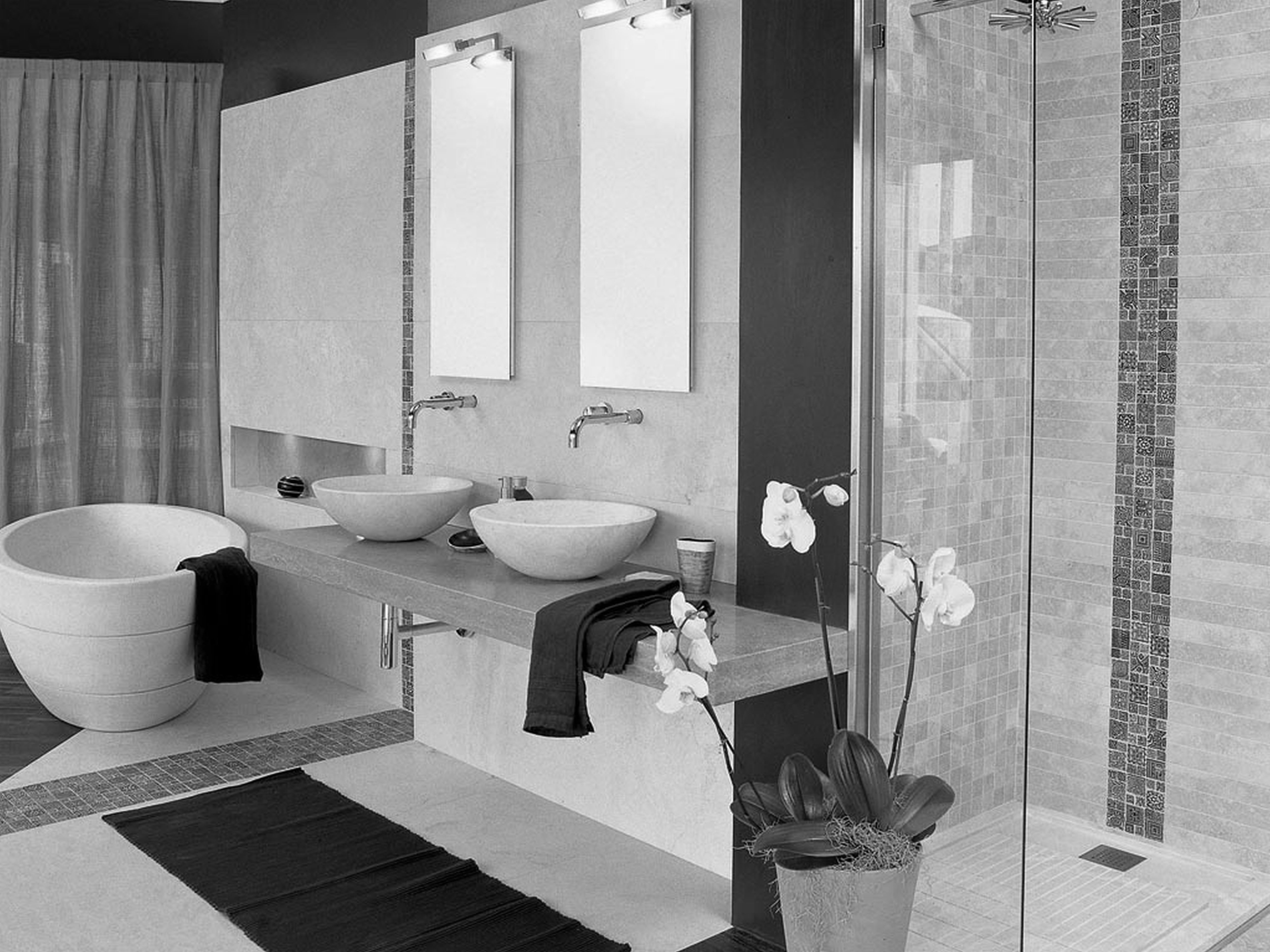 bathroom-flooring-astonishing-black-and-white-tile-bathroom-with-bowl-white-sink-on-low-vanities-bath-as-well-as-glass-cubicle-stand-shower-in-modern-hotel-bathroom-designs-hairy-black-and-white-tile