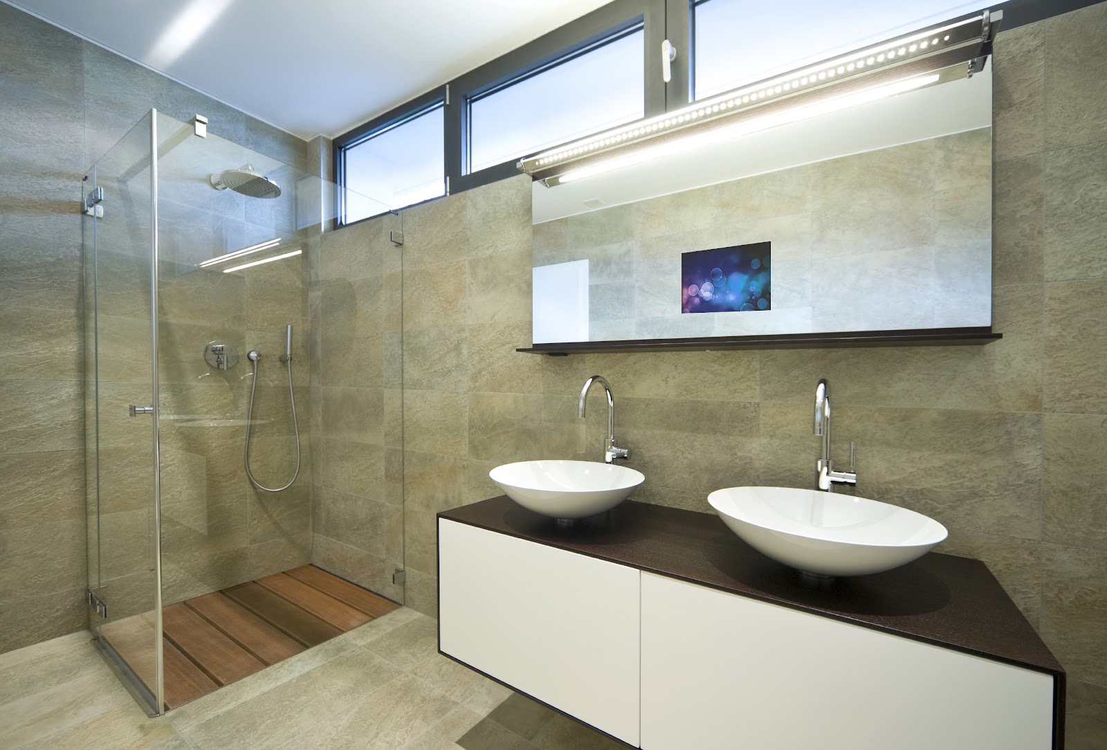 bathroom-incredible-bathroom-mirror-with-tv-built-in-with-two-white-plastic-sink-also-freestanding-rectangle-glass-shower-room-and-marble-stone-wall-tile-high-tech-bathroom-mirror-with-tv-built-in