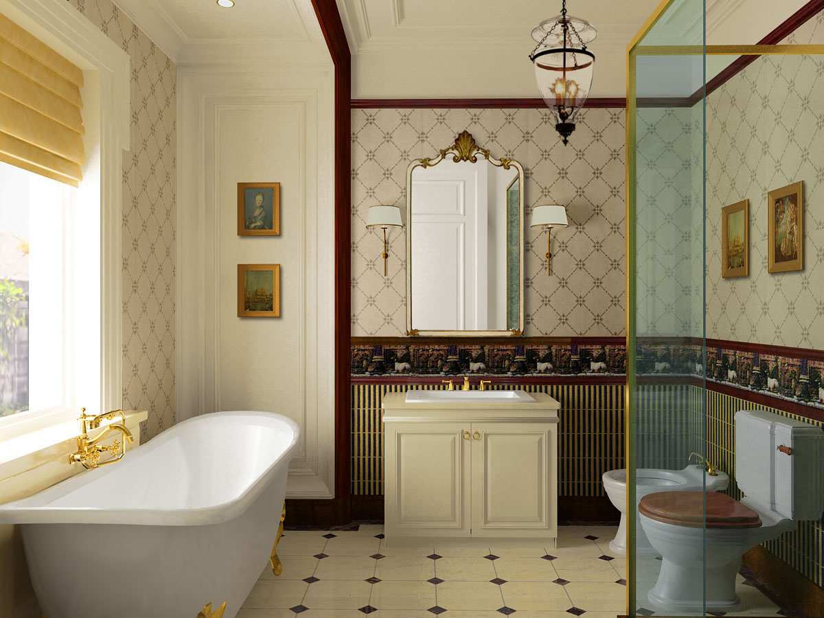 beautiful-interior-bathroom-design-with-ceramic-floor-and-clawfoot-tub-with-golden-legs-and-faucet-and-traditional-toilet-and-bidet-with-wallpaper-and-border-for-the-wall