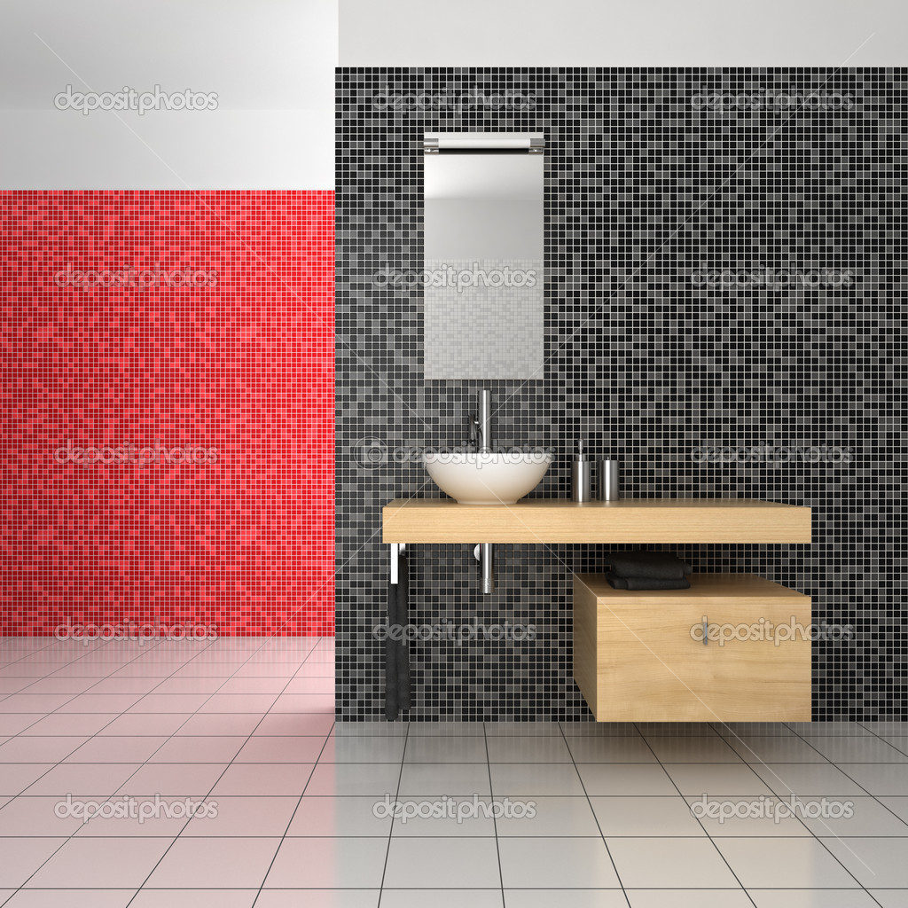 Modern bathroom with black, red and white tiles