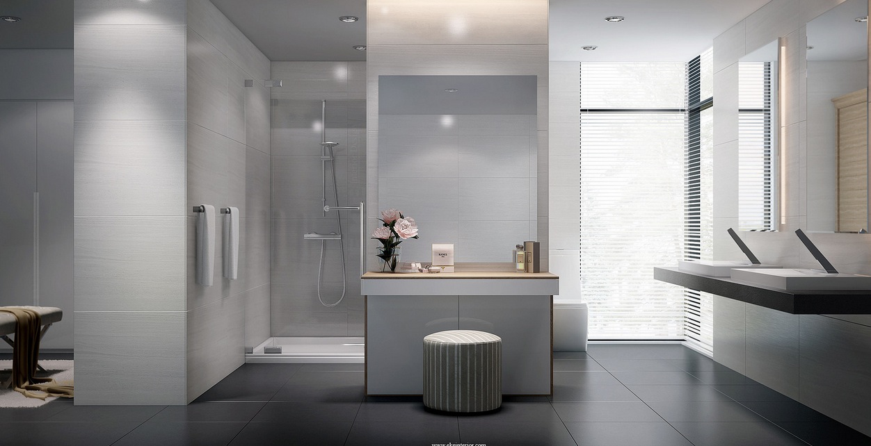 floor-bathroom-impressive-light-grey-bathroom-design-including-fit-vinyl-floors-plus-glass-shower-door-and-towels-hooks-also-granite-counter-top-with-double-washbasin-large-mirror-tiles-for-walls