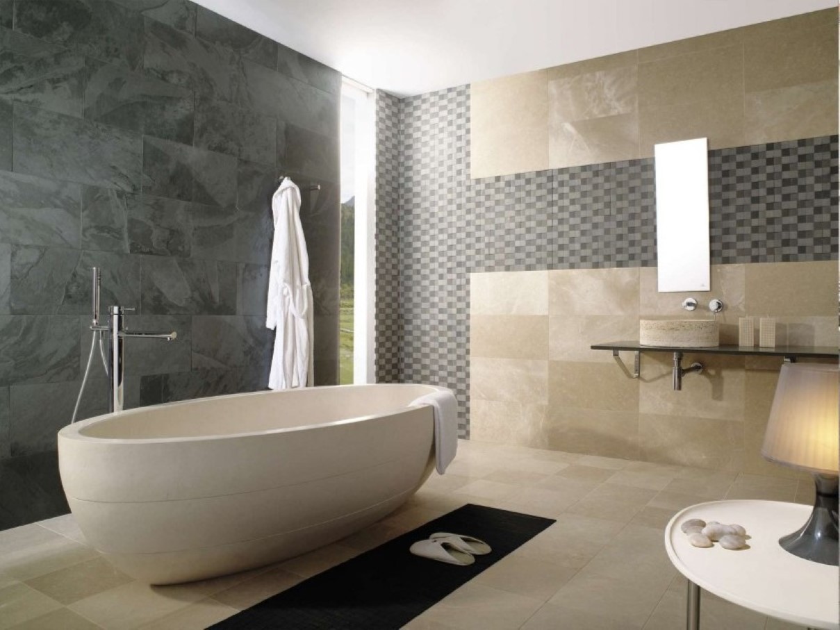 gorgeous-black-and-brown-bathroom-tile-combined-with-soaking-tub-beside-black-rug-set-in-front-of-floating-vanity-feat-modern-faucet-design