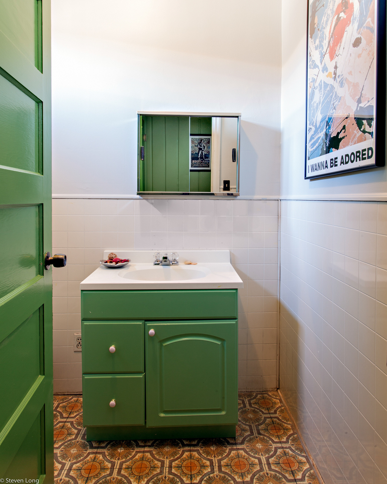 interior-white-sink-on-the-white-counter-top-placed-on-the-green-wooden-storage-and-drawers-placed-on-the-brown-tile-flooring-creating-exciting-look-through-vintage-bathroom-sinks