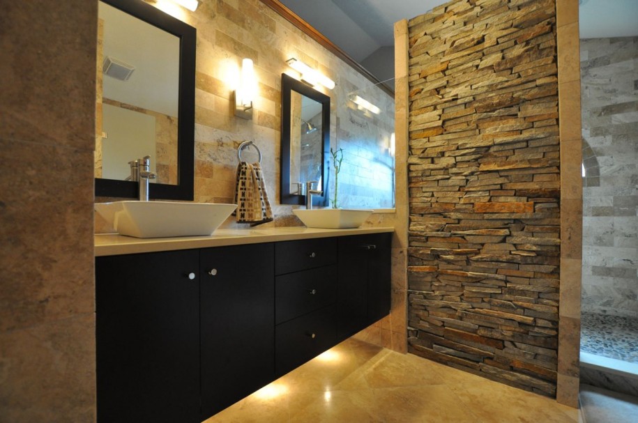 Awesome-Contemporary-Bathroom-Remodeling-Stone-Wall-Accent-Floating-Vanity-915x607