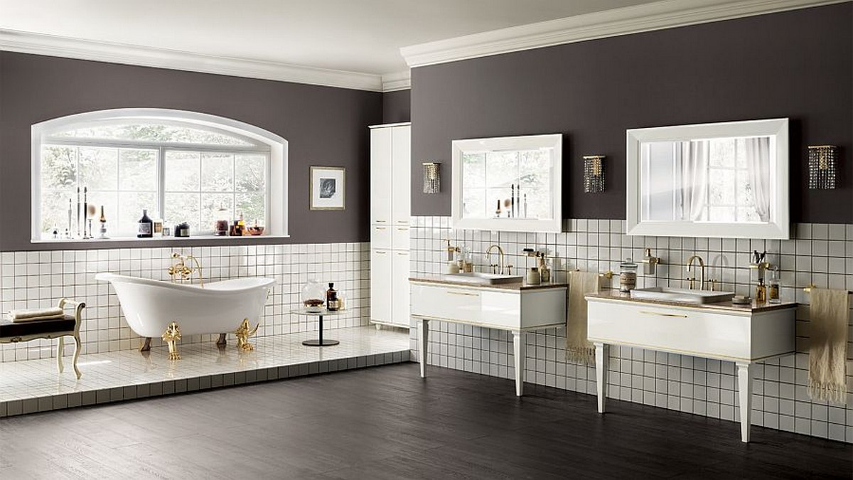 Exquisite-Italian-bathroom-with-golden-accent-details-and-white-wall-tile-also-gray-wall-paint-and-polished-concrete-floors