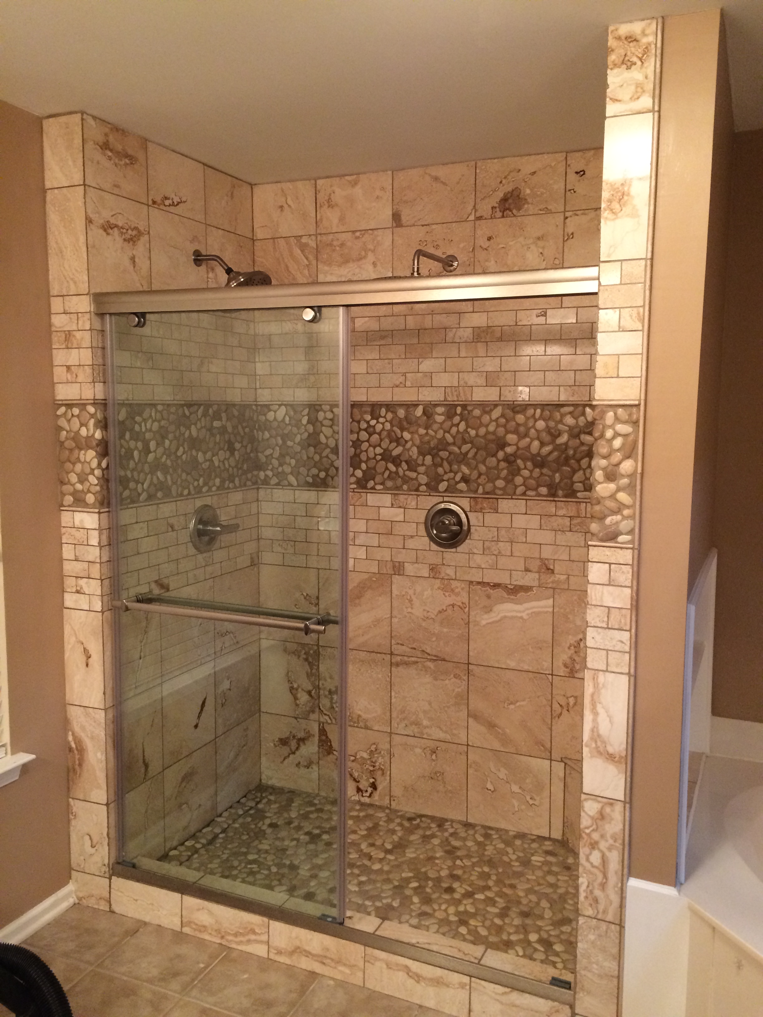 Glazed-Java-Tan-&-White-Pebble-Tile-Shower-Floor-&-Walls