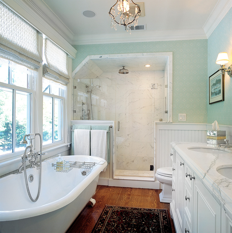 Pretty-Kohler-Coralais-Towel-Bar-vogue-San-Francisco-Traditional-Bathroom-Decorating-ideas-with-bathtub-caddy-blue-tub-ceiling-mount-shower-chandelier-claw-foot-crown-molding-double-vanity