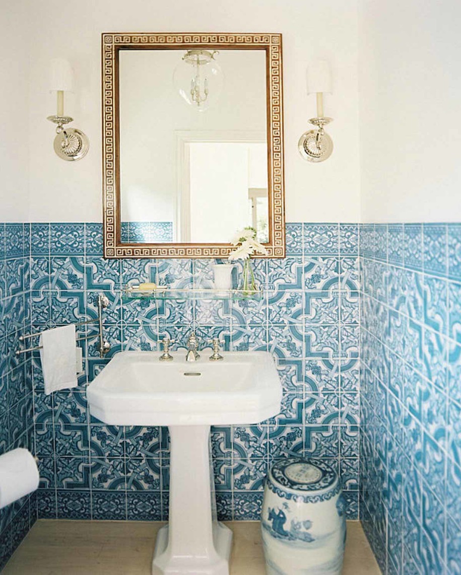 bathroom-alluring-modern-stylish-white-and-blue-unique-pattern-ceramic-tiles-wall-bathroom-design-with-white-pedestal-sink-and-square-frame-mirror-also-stainless-twel-hanger-and-twin-wall-mount-