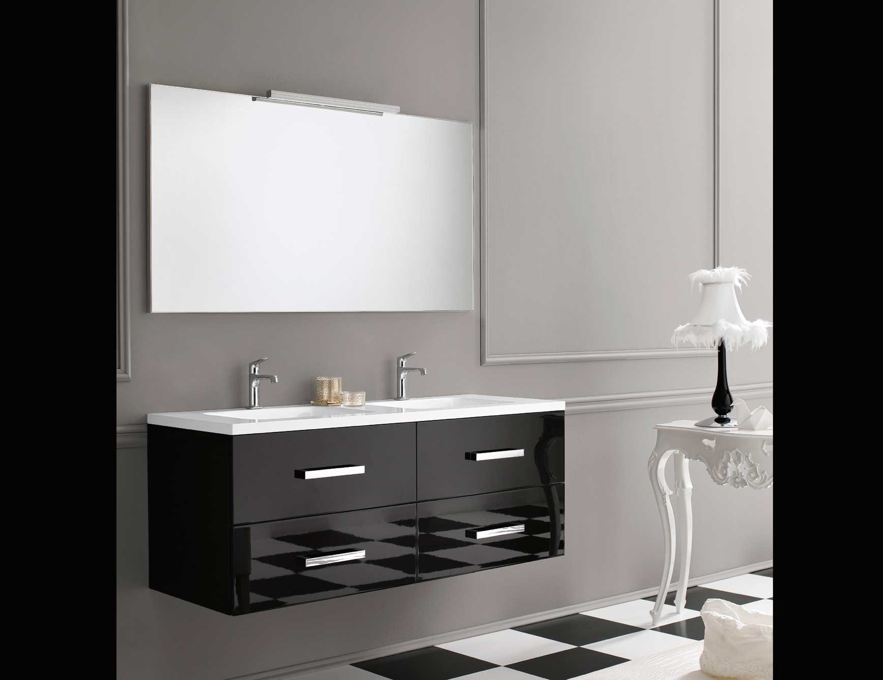 bathroom-cool-bon-ton-black-lacquered-wood-floating-double-sink-cabinet-with-drawer-under-rectangular-mirror-design-with-small-white-table-lamp-also-checkerboard-tile-floor-as-a-modern