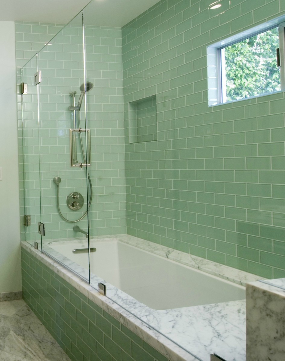 bathroom-delectable-vintage-bathroom-tile-patterns-design-with-lovely-green-brick-ceramic-tile-wall-also-glass-shower-room-along-white-rectangular-bathtub-plus-shower-head-as-well-as-bathroom-ti