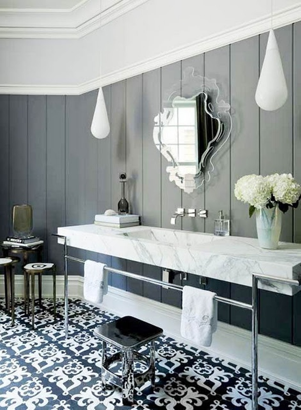 black white modern bathroom with french provincial victorian style ceramic bathroom floor tiles wa and grey wood plank walls with teardrop pendant lights