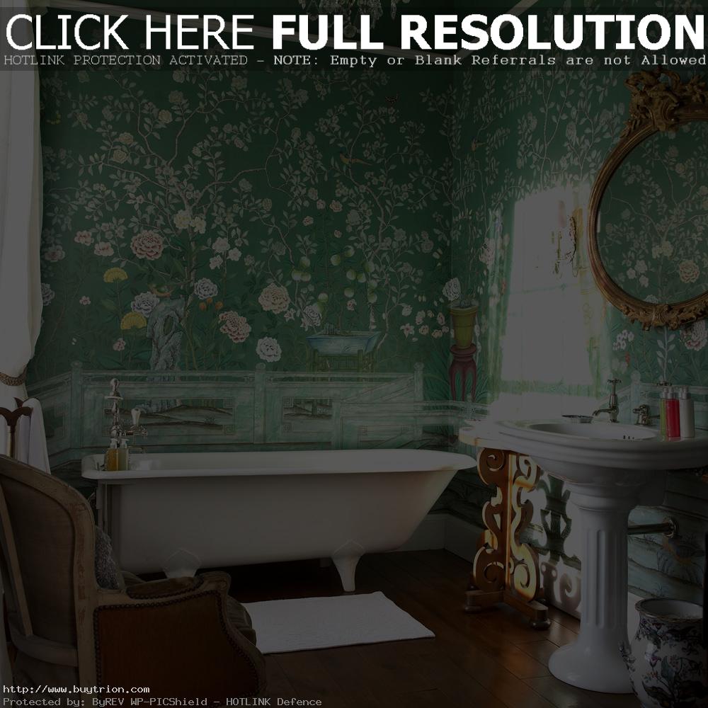 brilliant-bathroom-decoration-with-green-chinese-wallpaper-murals-along-with-white-free-standing-bathtub-idea