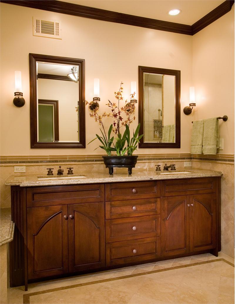 elegant-traditional-bathroom-vanity-unit-offer-beauty-arch-door-cabinets-in-natural-wooden-materials-and-solid-marble-countertop-with-double-rectangle-undermount-sink-decorate-two-fancy-wall-lamp-and