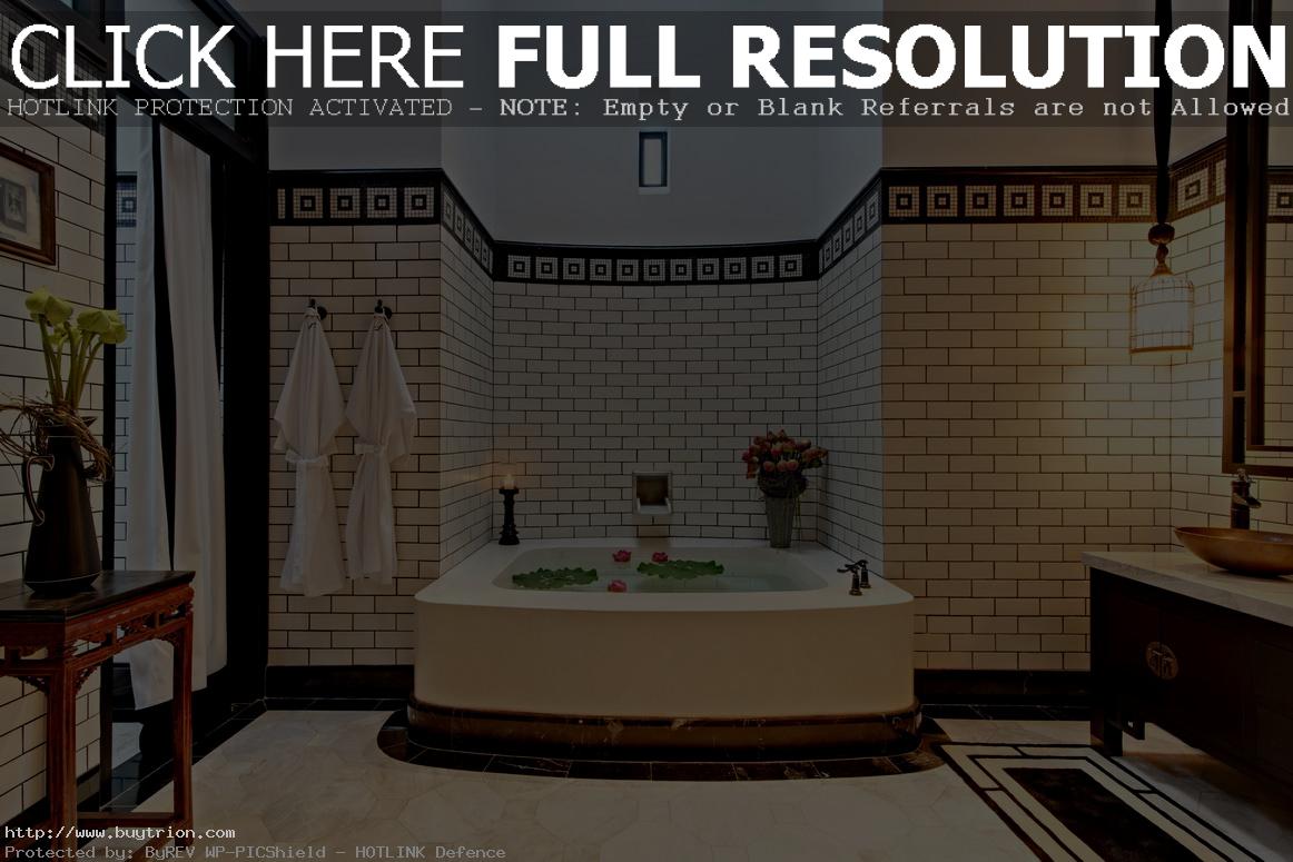 impressive-chinese-wallpaper-murals-in-bathroom-with-white-bathtub-and-pendant-lamp-idea