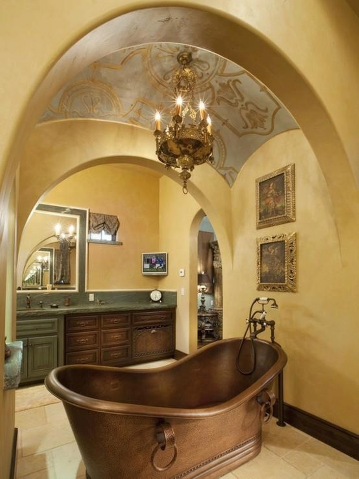 mediterranian-traditional-bathroom-designs-with-copper-bathtub-with-pedestal-sink-and-traditional-vanity