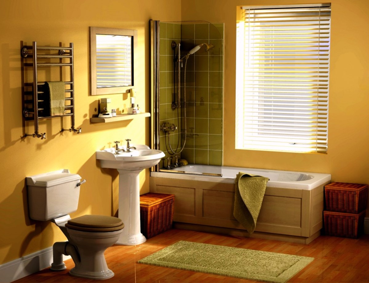 pretty-traditional-bathroom-ideas-with-molding-tub-style-and-yellow-wall-color-plus-green-toilet-seat