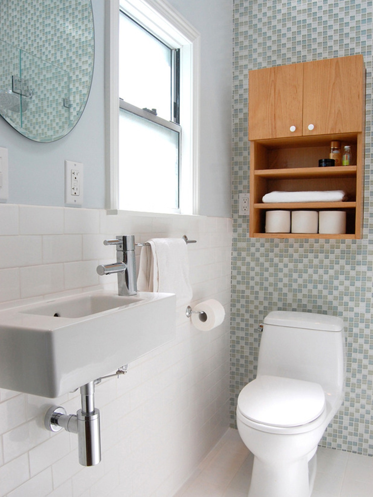 small-bathroom-design-ideas-with-traditional-mini-toilet-and-sink-with-bracket-and-subway-tiles-and-wallpaper-and-bathroom-storage-over-toilet