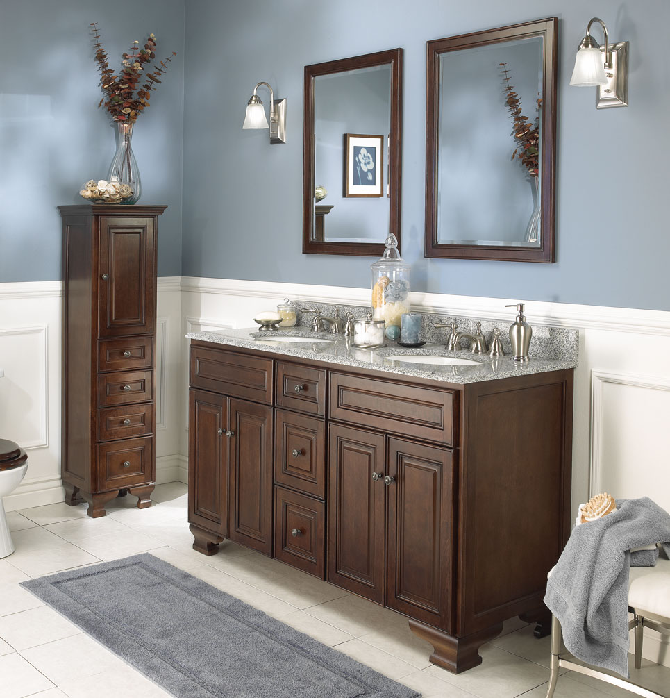 traditional-bathroom-ideas-with-rectangle-cube-teak-sink-cabinet-vanity-and-white-wooden-wainscoting