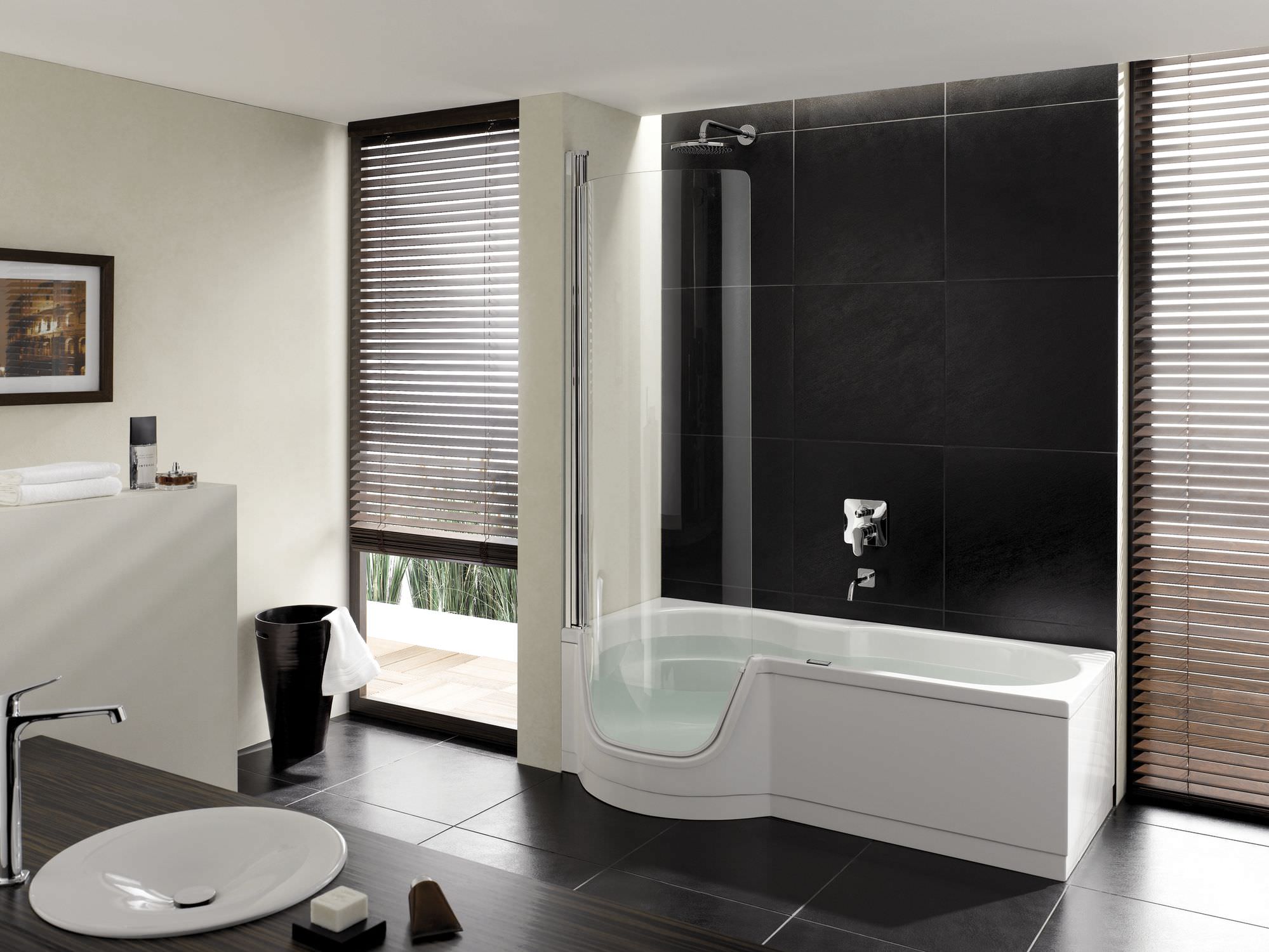 white-wall-paint-bathtub-stainless-steel-faucet-head-glasss-window-panel-dark-gray-ceramic-flooring-tile-small-real-wood-vanity-washbasin-the-latest-styles-and-designs-of-bathroom-showrooms