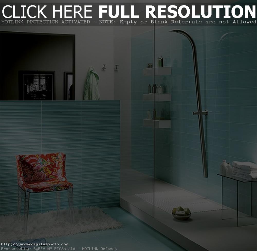 50-Cool-Blue-Bathroom-Design-To-Inspire-With-Tile-Shows-Red-Floral-Armchair-Aside-Doorless-Shower-Room-Design