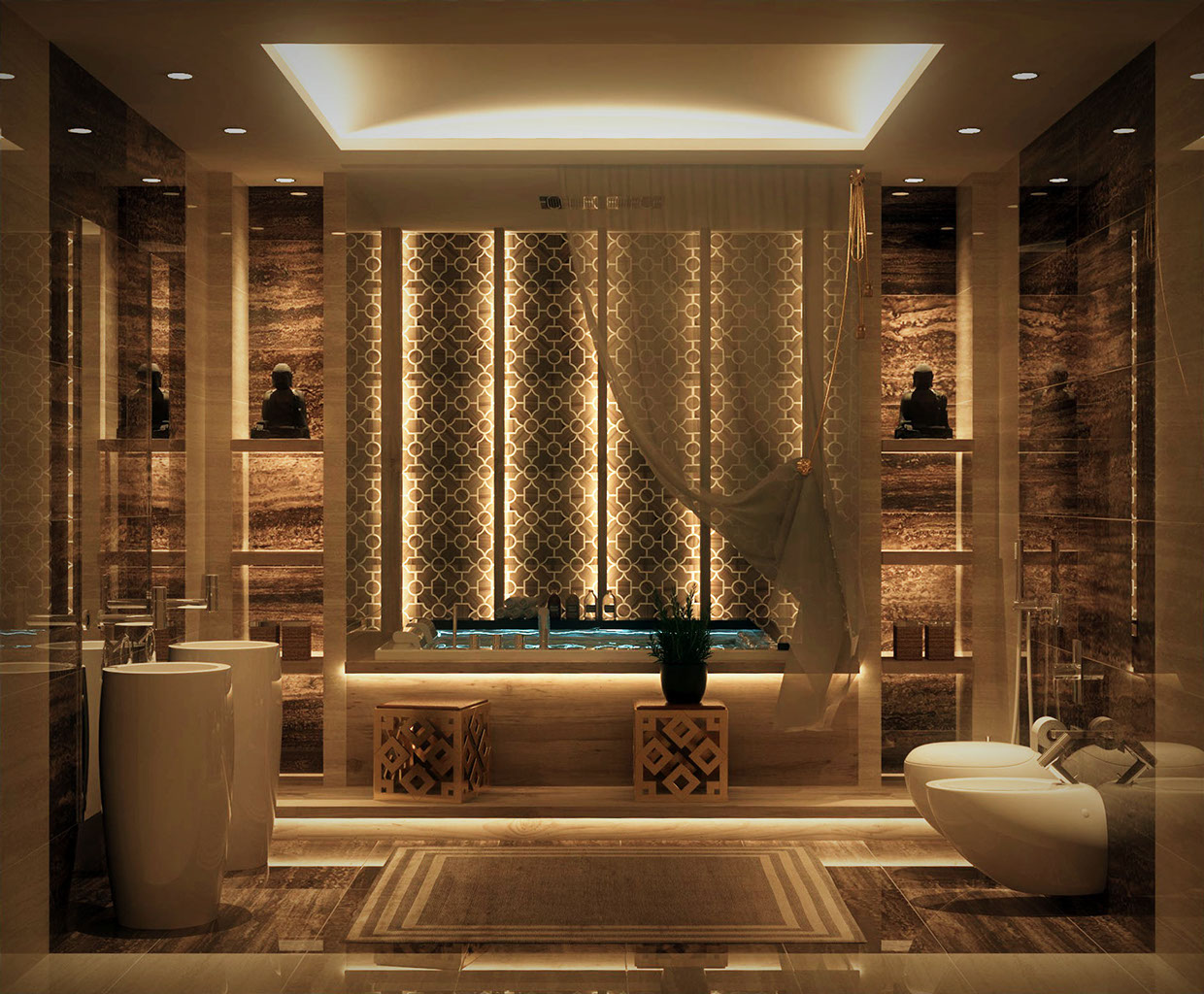 Bathroom-Design-With-Romantic-Lights-And-Alcove-Bathtub-And-Curtain-Decoration-Also-Freestanding-Bathtub-And-Flush-Toilet-And-Sleek-Brown-Textured-Wall-Tile-And-Hidden-Ceiling-Lamps