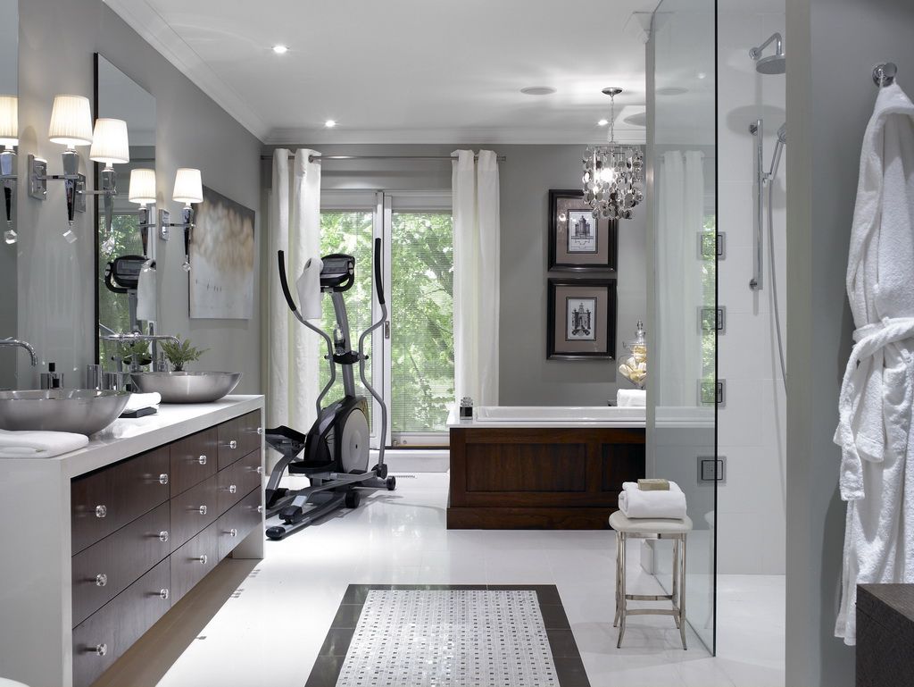 Bathroom-Solutions-Bathroom-Interior-Idea-With-Gray-Wall-Paint-Color-And-Vanity-Cabinet-And-Bowl-Vessel-Sinks-Also-Mini-Chair-And-White-Floor-Tile-And-White-Curtains-And-Bathtub