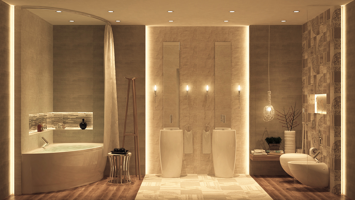 Bathroom-Solutions-Brown-Wall-Tiles-And-Laminate-Wood-Flooring-And-Corner-Bathtub-Also-Two-Freestanding-Sink-And-Tall-Mirrors-Also-Unique-Pendant-Lamp-And-Flush-Toilet