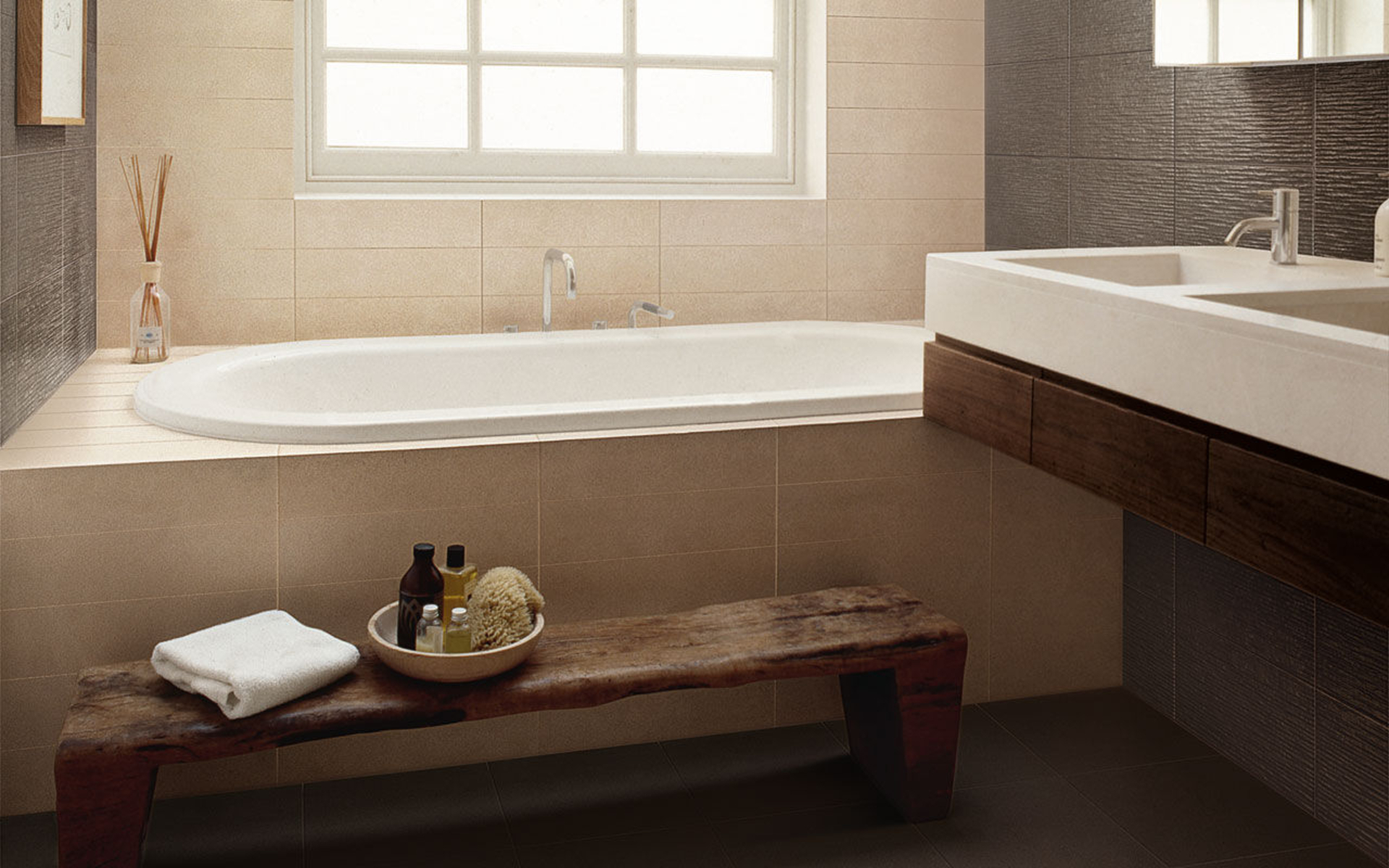 Beautiful-Bathtub-under-Glass-Window-near-White-Bathroom-Vanity-and-Ceramic-Wall-Tiles-Texture-on-Modern-Home-Picture