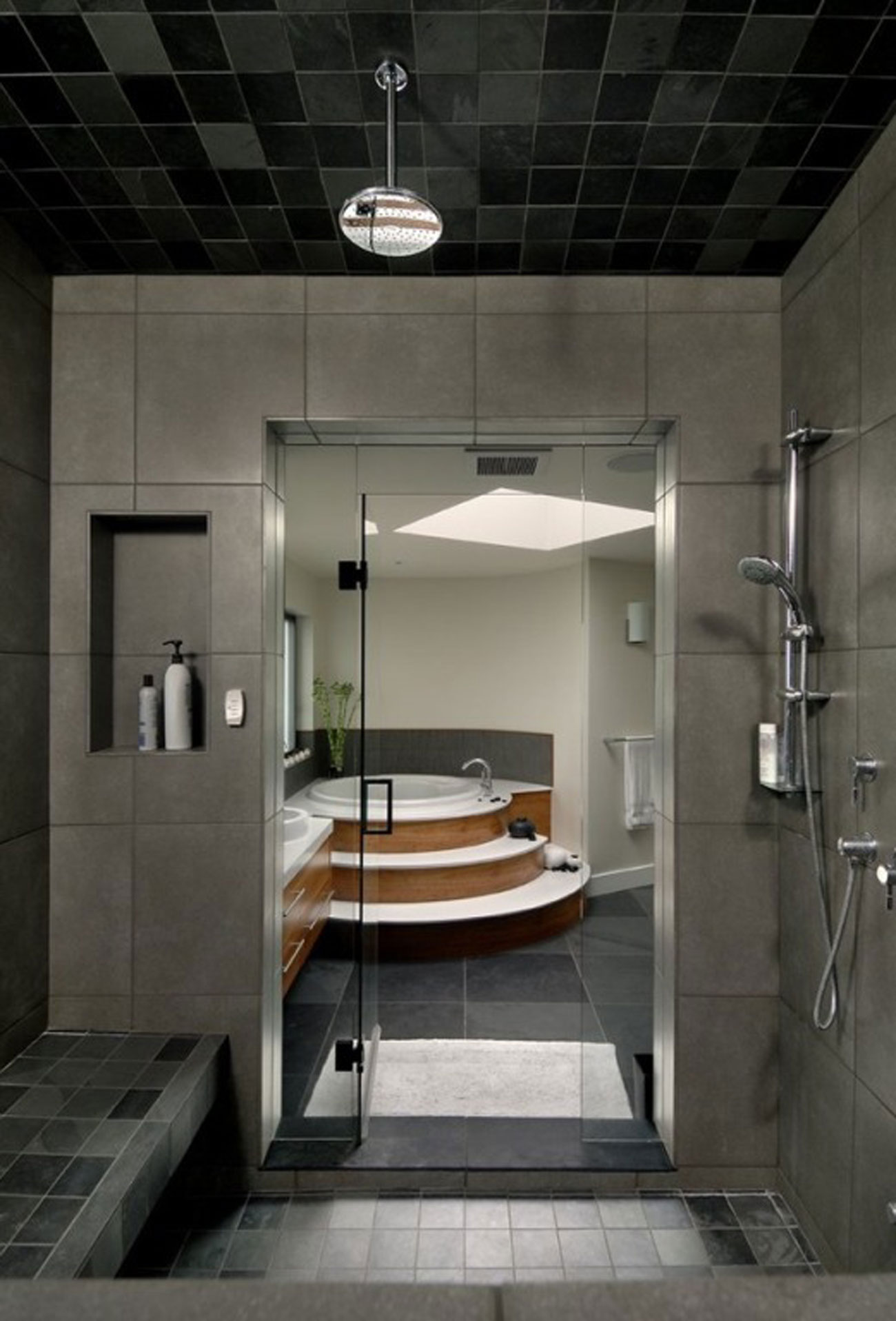 Best-Bathroom-Small-Bathroom-Design-Idea-With-Dark-Tiled-Ceiling-Shower-And-Built-in-Wall-Shelf-And-Beige-Wall-Tile-Also-Leveled-Round-Bathtub-And-Black-Ceramic-Floor-Tile