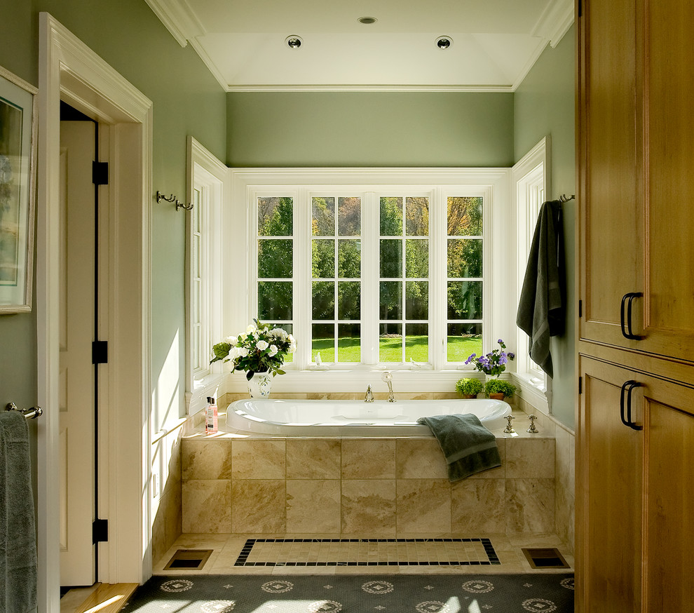 Bright-Sage-Green-Paint-look-New-York-Traditional-Bathroom-Decorators-with-bult-in-bath-tub-marble-tile-country-home-farmhouse-large-bathtub-window-master-bathroom-tile