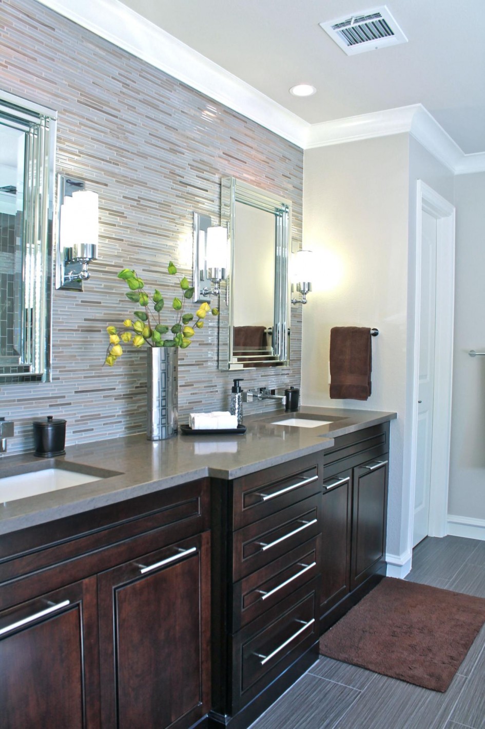 Likable-art-deco-bathroom-ideas-with-grey-vanity-top-and-dark-colored-wooden-vanity-and-classic-wood-flooring-ideas