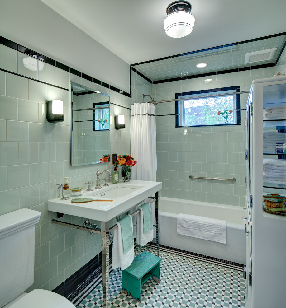 Marvelous-American-Olean-mode-New-York-Craftsman-Bathroom-Inspiration-with-black-tile-console-sink-custom-historical-floor-tile-defogging-medicine-cabinet-green-tile-kohler