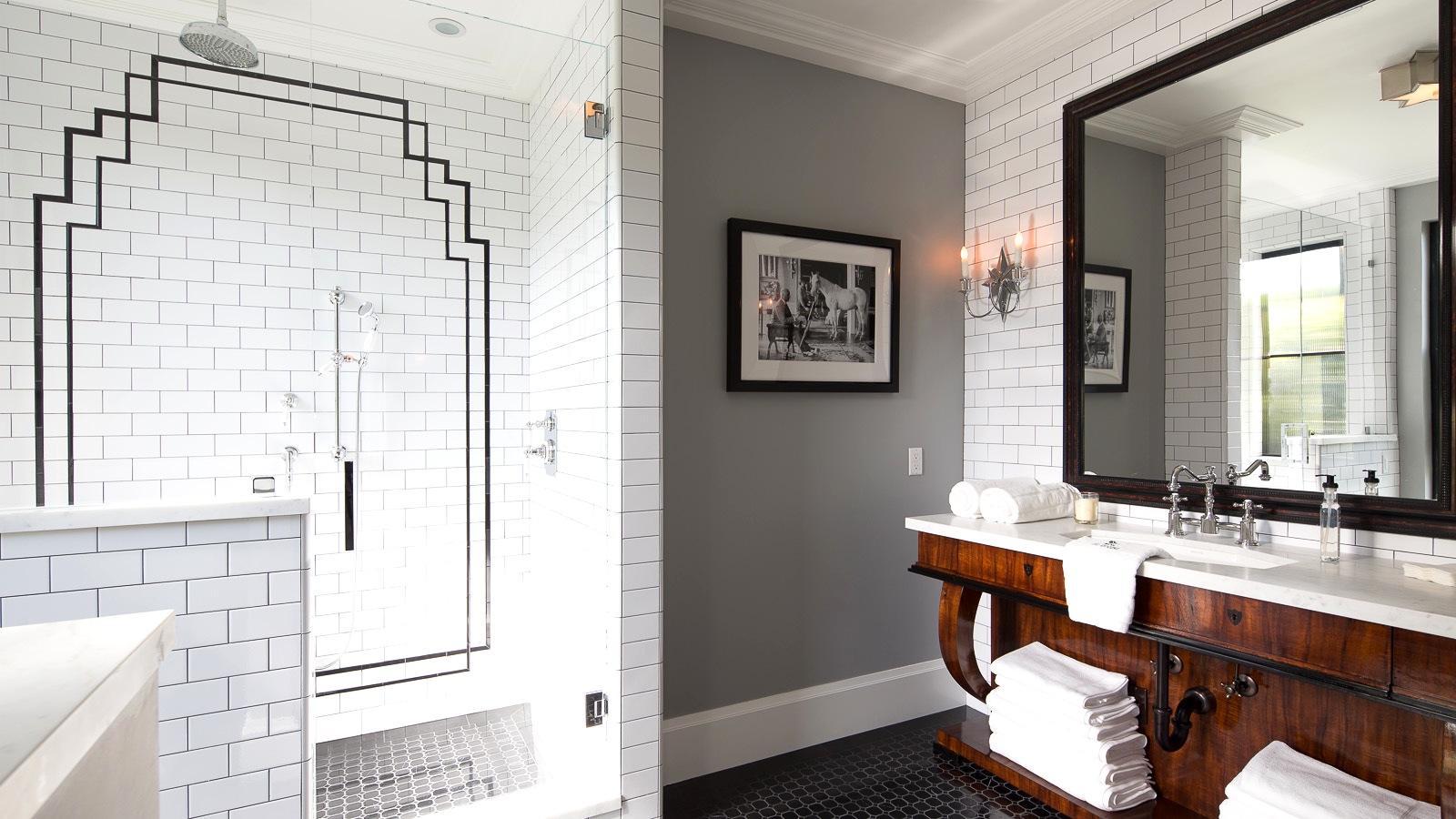 bath shower black white gray wood vanity